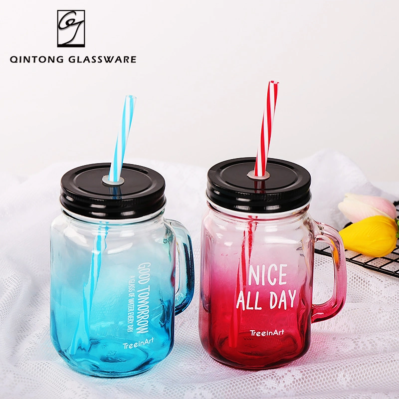 Stocked Manufacturer Eco Friendly Sale 16oz Custom Made Embossed Logo 500ml Wide Mouth Glass Mason Jar with Handle and Straw
