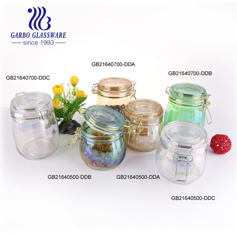 500ml 700ml Food Grade Electronic Iron Plating Glass Jar Design Golden Color Manson Glass Storage Jars with Airtight Clamp Lid for Honey, Dry Food, Pasta, Spice