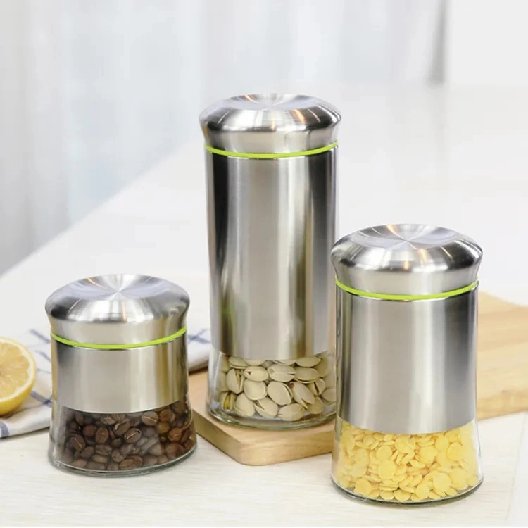 Stainless Steel Covered Glass Canister Kitchen Glass Storage Jar