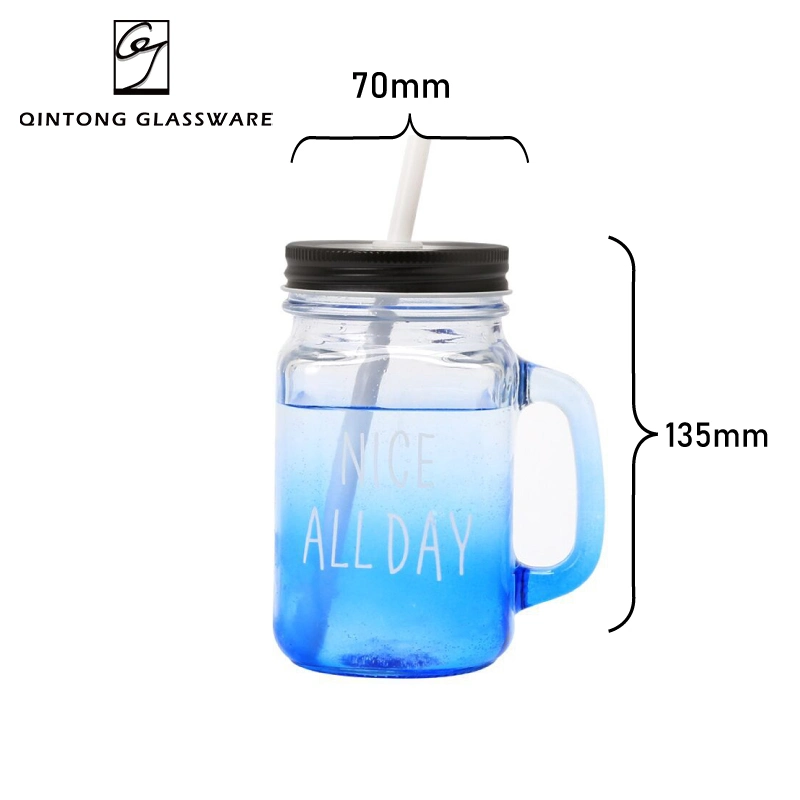 Stocked Manufacturer Eco Friendly Sale 16oz Custom Made Embossed Logo 500ml Wide Mouth Glass Mason Jar with Handle and Straw