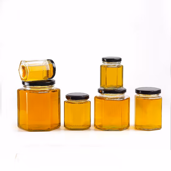 Wholesale Empty Hexagon 730ml 500ml 250ml 200ml Jams Spice Honey Glass Jar with Metal Lid